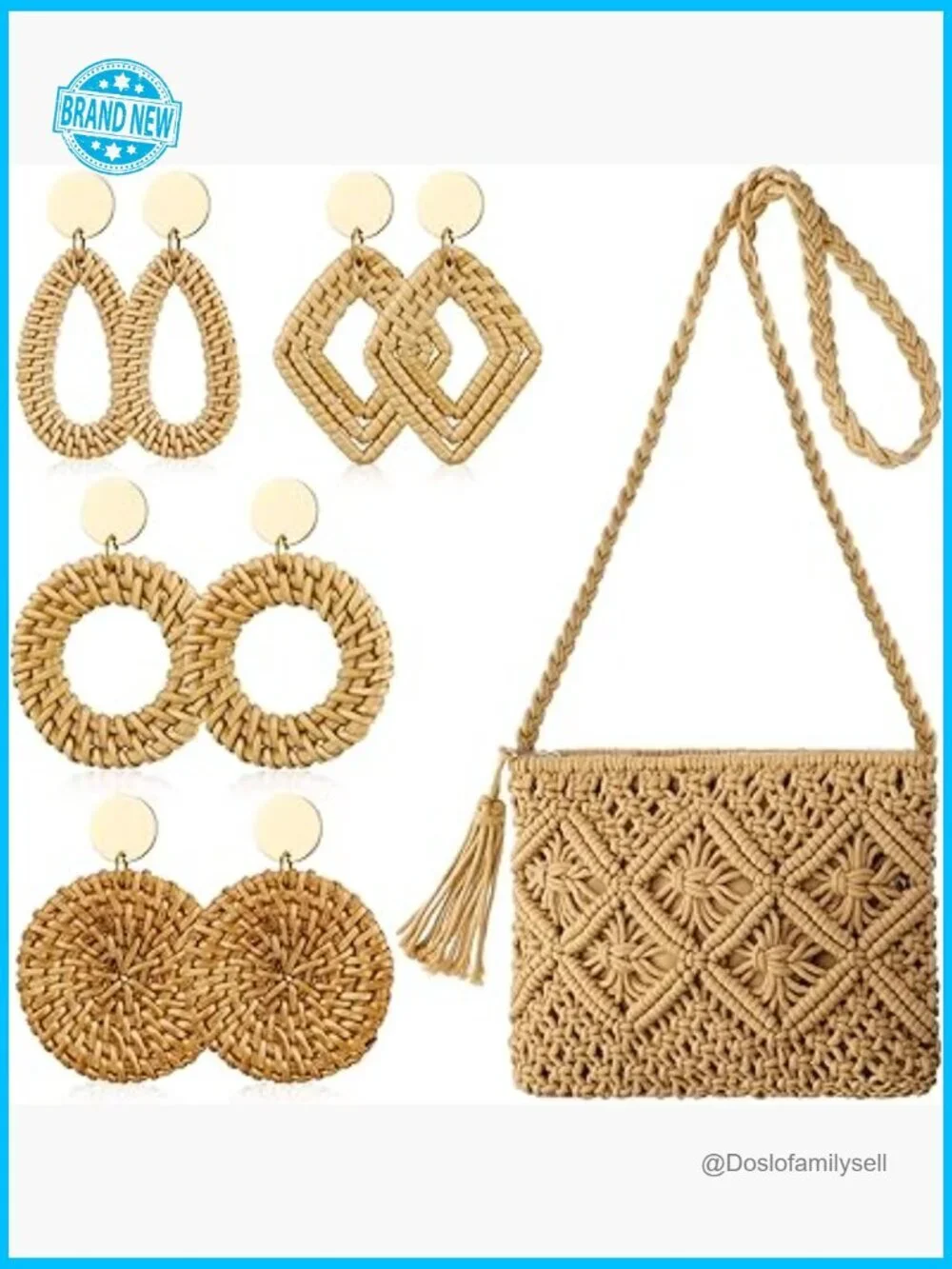 Handwoven Rattan Straw Crossbody Clutch Purse Boho Geometric Beach Vacation